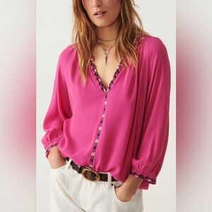 ba&sh Bright Pink V-Neck Blouse with Trim Detail